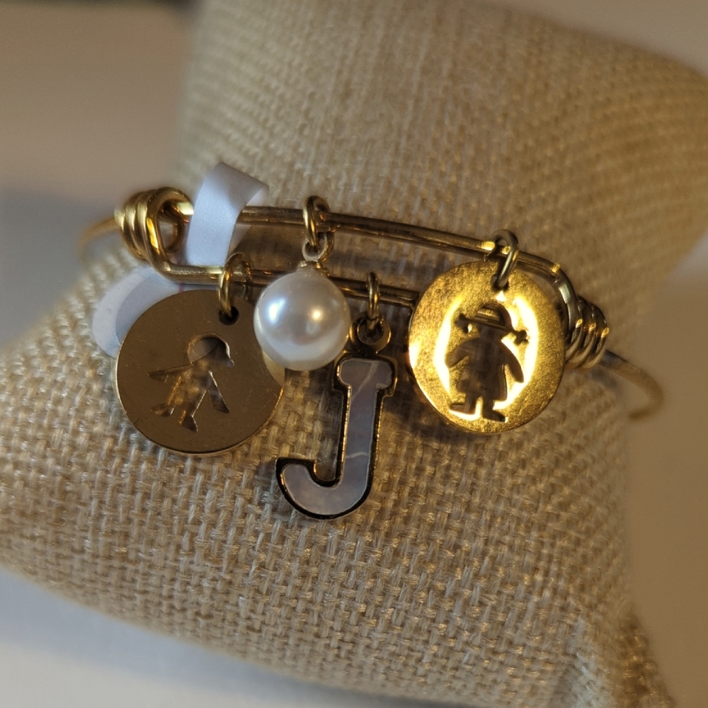 Gold Toned Charm Bracelet with J Initial and Faux Pearl